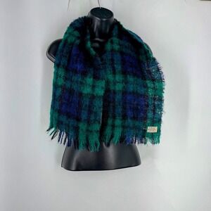 St Michael Mens Black Watch Tartan Mohair Wool Scarf Made in Scotland Green Blue
